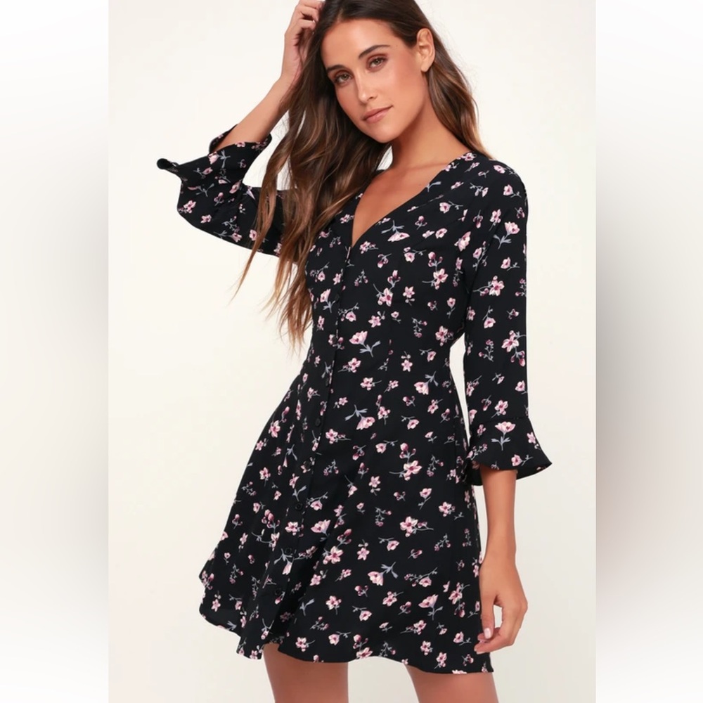 Black floral print button up mini dress